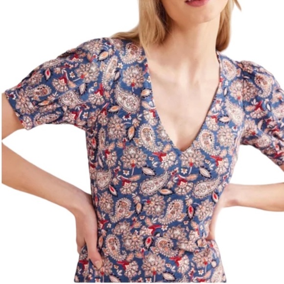 Boden Jersey Puff Sleeve V-Neckline Paisley Print Mini Dress - Picture 3 of 16